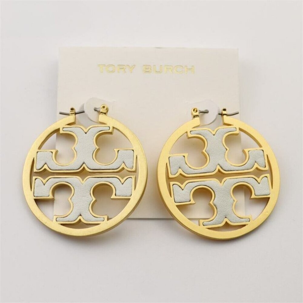 ✨ Tory Burch Gold White Logo Hoop Earrings 💖